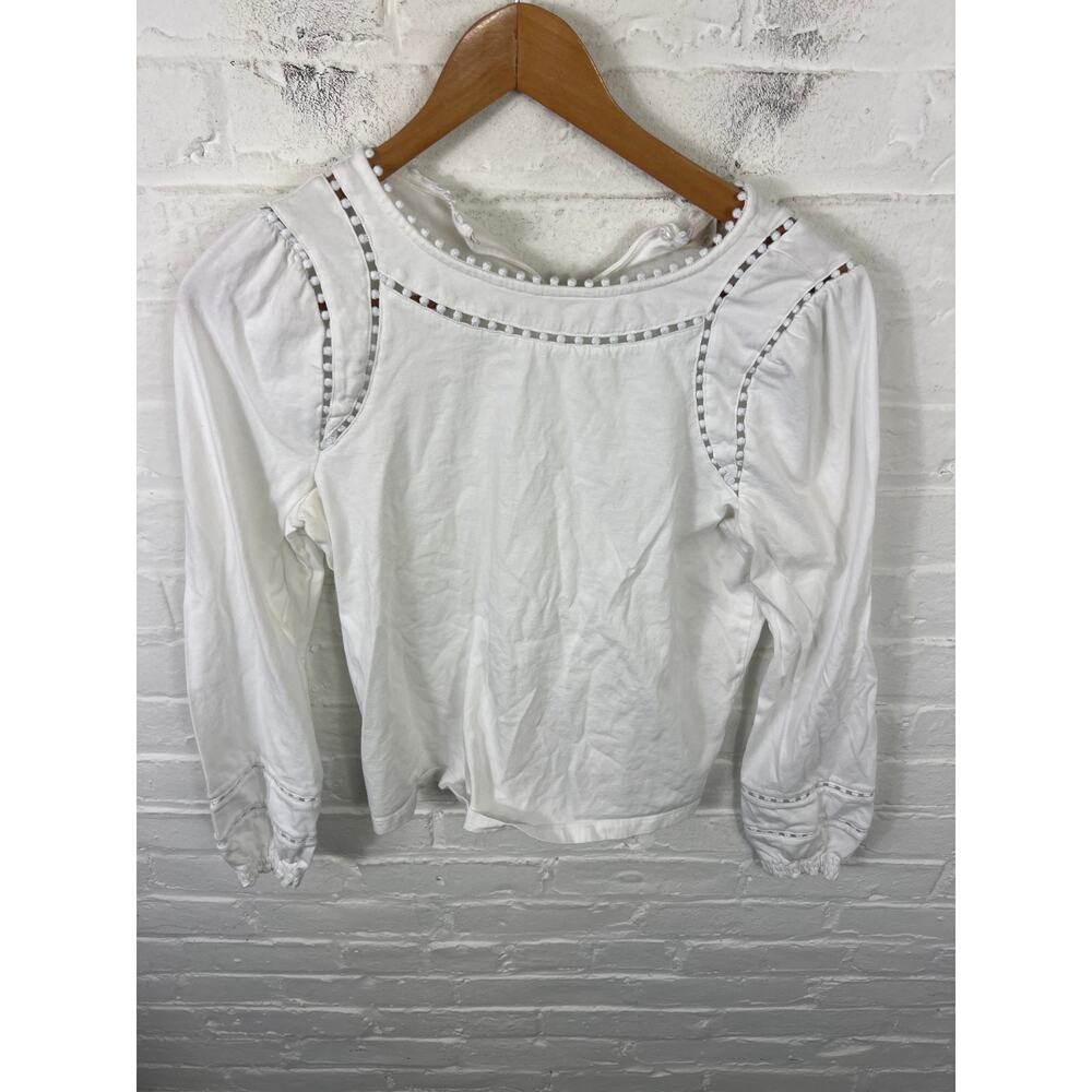 Boden Mila Top White Cotton Pom Pom Ladder Stitch Blouse Long Sleeve Size 8